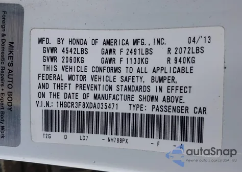 2013 Honda Accord Ex-L V-6 from USA, damaged, VIN 1HGCR3F8XDA035471